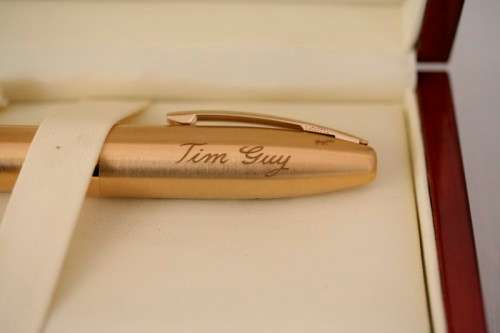 A superb boxed brushed 22ct gold plated engraved Sheaffer Legacy Heritage roller-ball pen
