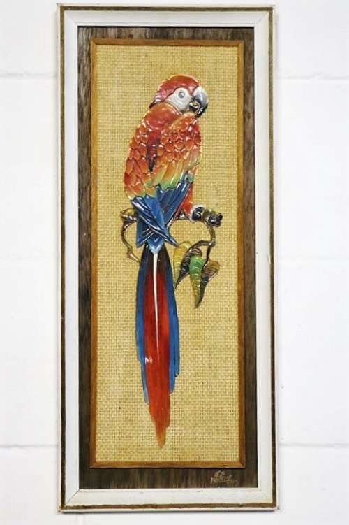 **RS17** A signed original "Lez Frizelle" African Parrot hand-enamelled on copper framed artwork
