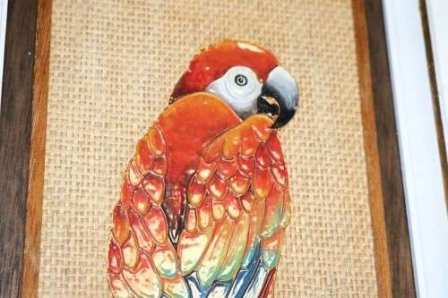 **RS17** A signed original "Lez Frizelle" African Parrot hand-enamelled on copper framed artwork
