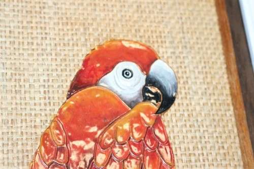 **RS17** A signed original "Lez Frizelle" African Parrot hand-enamelled on copper framed artwork
