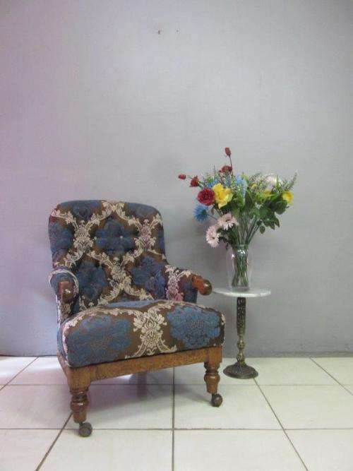 **RS17** A stylish Edwardian teak armchair w/ stunning upholstery & hand carved finishes on castors