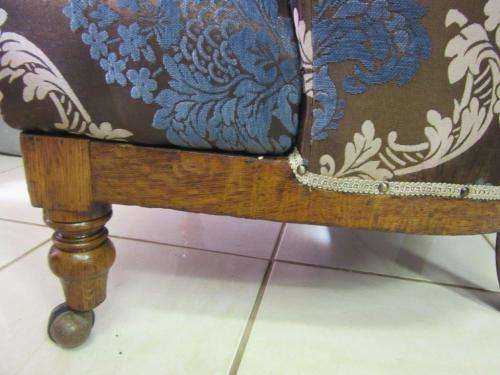 **RS17** A stylish Edwardian teak armchair w/ stunning upholstery & hand carved finishes on castors