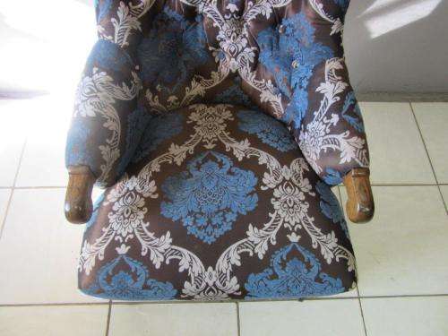 **RS17** A stylish Edwardian teak armchair w/ stunning upholstery & hand carved finishes on castors