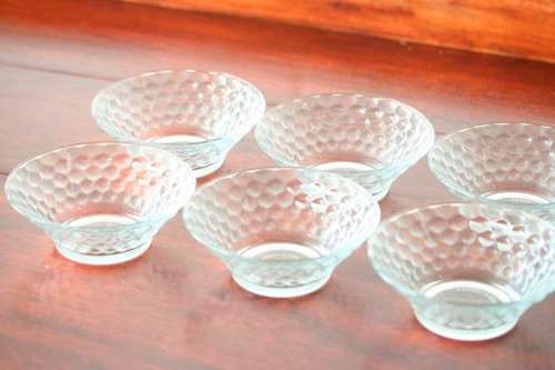 A stunning set of 7x glass dessert bowls w/ gorgeous raised "dots" pattern in great condition - AAA