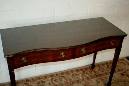 An incredible stylish two-drawer Teak console table with rail inlay detailing & awesome ring handles