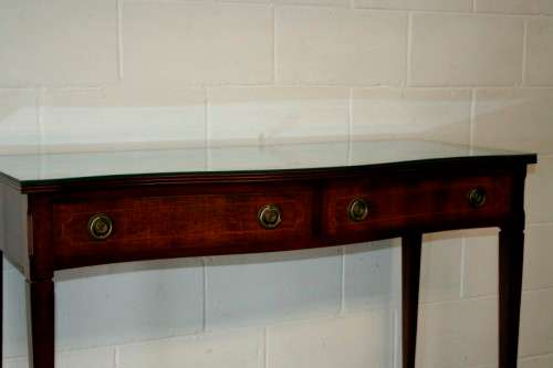 An incredible stylish two-drawer Teak console table with rail inlay detailing & awesome ring handles