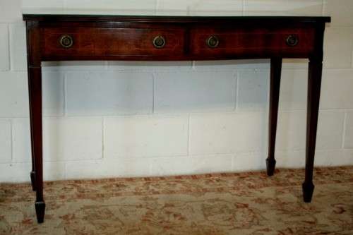An incredible stylish two-drawer Teak console table with rail inlay detailing & awesome ring handles
