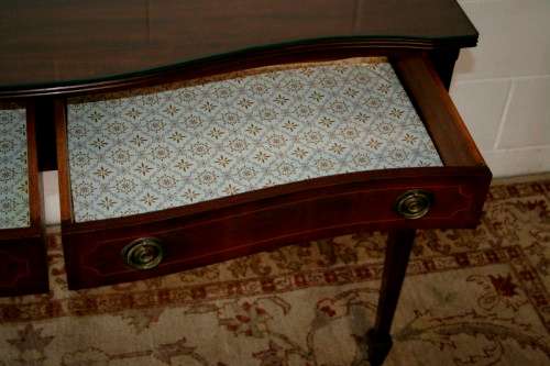 An incredible stylish two-drawer Teak console table with rail inlay detailing & awesome ring handles