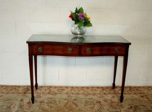 An incredible stylish two-drawer Teak console table with rail inlay detailing & awesome ring handles