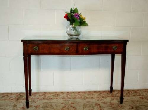 An incredible stylish two-drawer Teak console table with rail inlay detailing & awesome ring handles