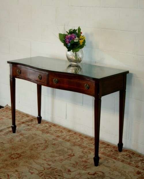 An incredible stylish two-drawer Teak console table with rail inlay detailing & awesome ring handles