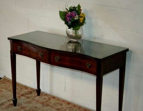 An incredible stylish two-drawer Teak console table with rail inlay detailing & awesome ring handles