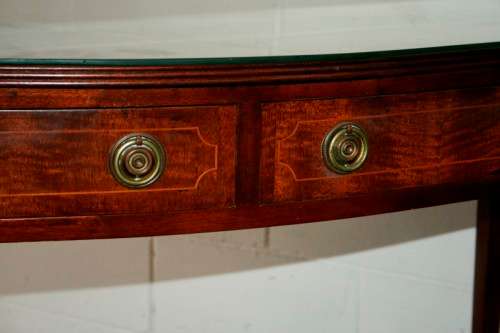 An incredible stylish two-drawer Teak console table with rail inlay detailing & awesome ring handles