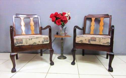 Two lovely vintage Imbuia ball & claw chairs w upholstered cushions in good condition - price/chair