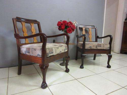 Two lovely vintage Imbuia ball & claw chairs w upholstered cushions in good condition - price/chair