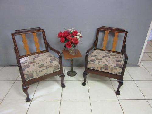 Two lovely vintage Imbuia ball & claw chairs w upholstered cushions in good condition - price/chair