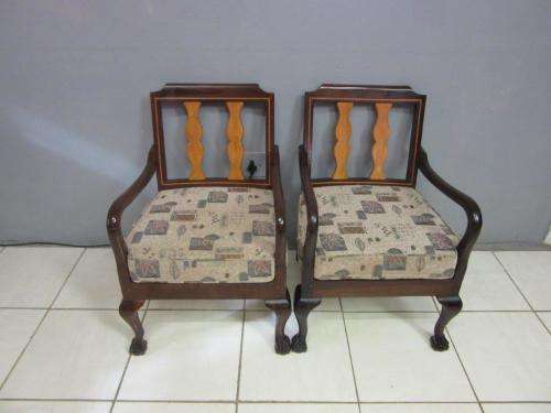 Two lovely vintage Imbuia ball & claw chairs w upholstered cushions in good condition - price/chair