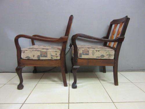 Two lovely vintage Imbuia ball & claw chairs w upholstered cushions in good condition - price/chair