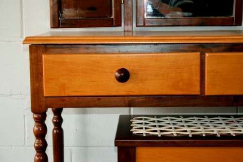 An exquisite two-drawer yellow wood & imbuia side-folding mirror dressing table with a riempie stool