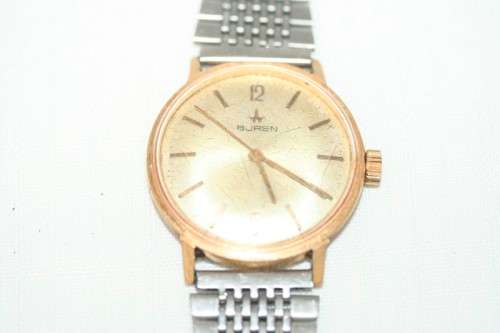A superb vintage (1960's) gold plated gents Swiss made Buren wrist watch w/ a stainless steel strap