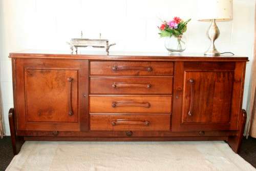 Solidly built vintage Imbuia buffet server with 4 large drawers & two cupboards