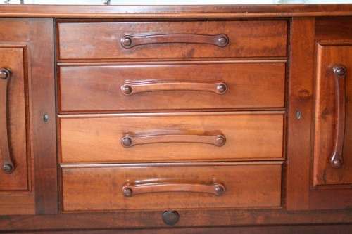 Solidly built vintage Imbuia buffet server with 4 large drawers & two cupboards