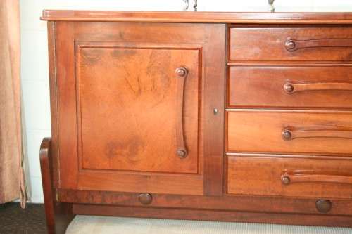 Solidly built vintage Imbuia buffet server with 4 large drawers & two cupboards