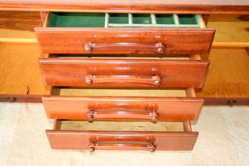 Solidly built vintage Imbuia buffet server with 4 large drawers & two cupboards