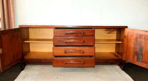 Solidly built vintage Imbuia buffet server with 4 large drawers & two cupboards