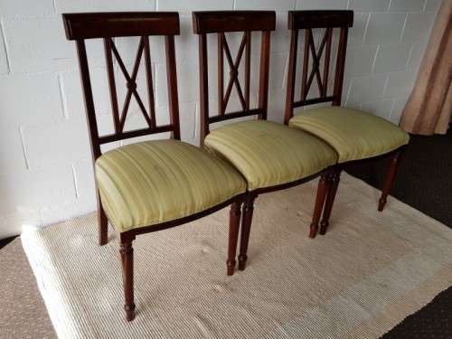 3x wonderful vintage Mahogany "cross back" dining chairs with beautiful upholstery - price/chair
