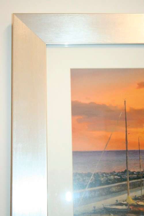 A stunning and vibrant framed painting print of sailing boats tied to a quay at sunset - RS17Sale