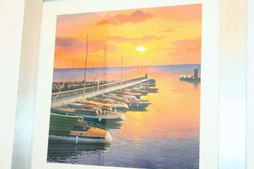 A stunning and vibrant framed painting print of sailing boats tied to a quay at sunset - RS17Sale