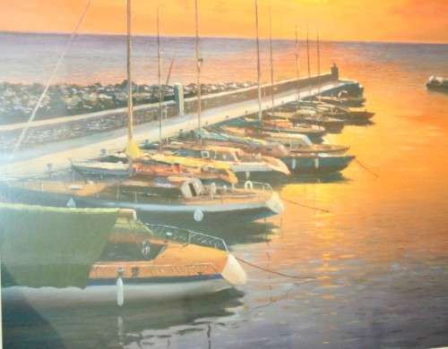 A stunning and vibrant framed painting print of sailing boats tied to a quay at sunset - RS17Sale