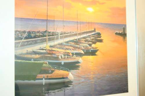 A stunning and vibrant framed painting print of sailing boats tied to a quay at sunset - RS17Sale