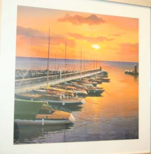 A stunning and vibrant framed painting print of sailing boats tied to a quay at sunset - RS17Sale