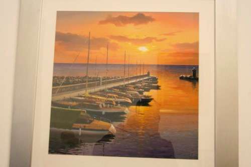 A stunning and vibrant framed painting print of sailing boats tied to a quay at sunset - RS17Sale