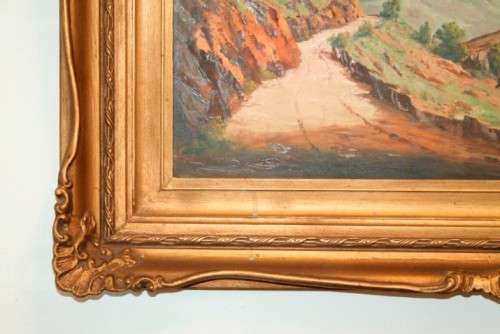 A superb large antique ornate gilded frame original landscape oil painting in excellent condition