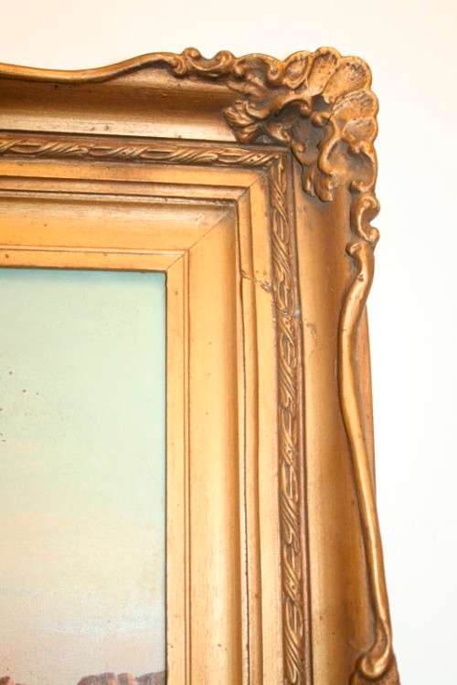 A superb large antique ornate gilded frame original landscape oil painting in excellent condition