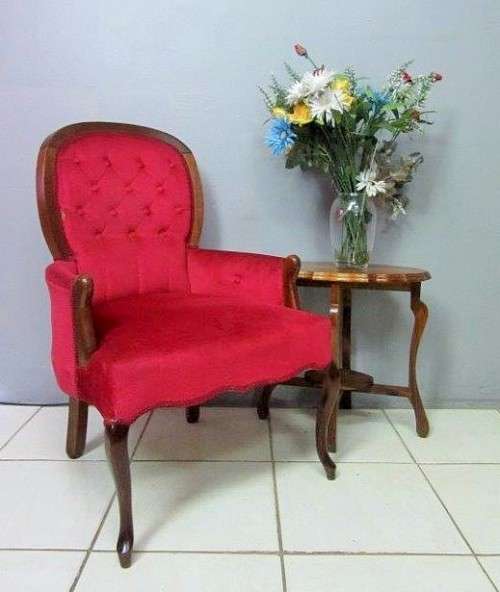 A gorgeous vintage solid Imbuia "Queen Anne" arm chair in a claret red velvet fabric
