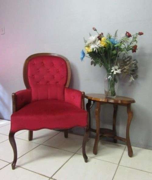 A gorgeous vintage solid Imbuia "Queen Anne" arm chair in a claret red velvet fabric