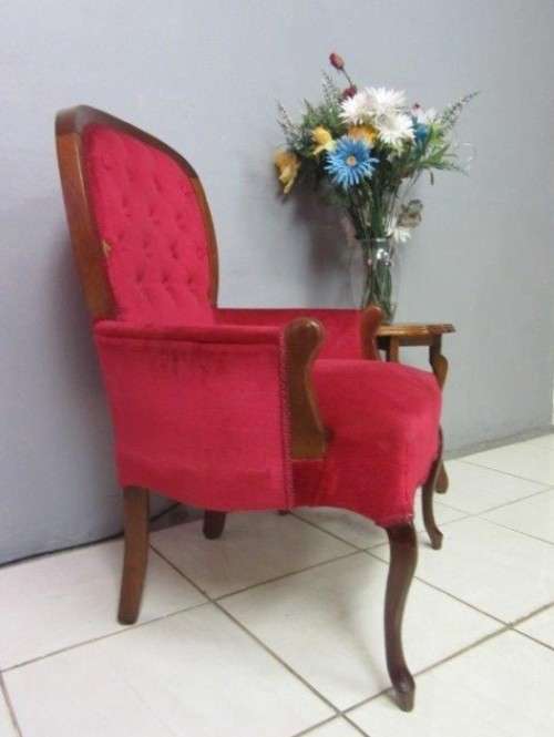 A gorgeous vintage solid Imbuia "Queen Anne" arm chair in a claret red velvet fabric