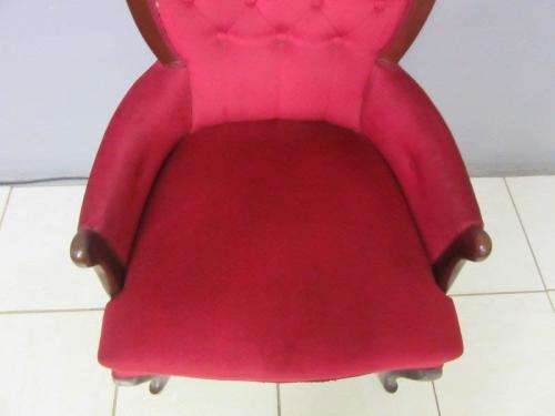 A gorgeous vintage solid Imbuia "Queen Anne" arm chair in a claret red velvet fabric