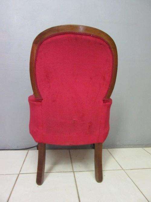 A gorgeous vintage solid Imbuia "Queen Anne" arm chair in a claret red velvet fabric