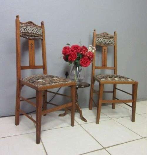 Two antique Edwardian solid oak upholstered T-back dining/ occasional chairs - bid/chair / RS17Sale
