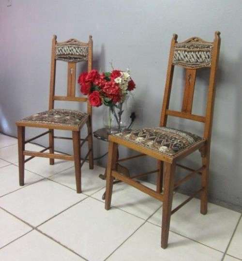 Two antique Edwardian solid oak upholstered T-back dining/ occasional chairs - bid/chair / RS17Sale