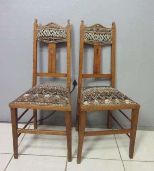 Two antique Edwardian solid oak upholstered T-back dining/ occasional chairs - bid/chair / RS17Sale