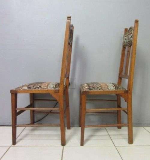 Two antique Edwardian solid oak upholstered T-back dining/ occasional chairs - bid/chair / RS17Sale
