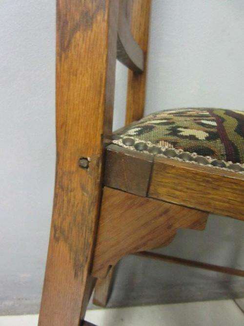Two antique Edwardian solid oak upholstered T-back dining/ occasional chairs - bid/chair / RS17Sale