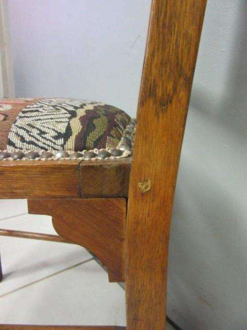 Two antique Edwardian solid oak upholstered T-back dining/ occasional chairs - bid/chair / RS17Sale