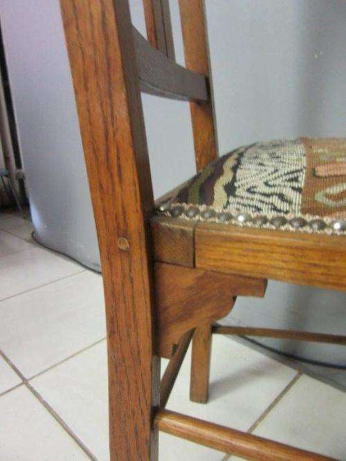 Two antique Edwardian solid oak upholstered T-back dining/ occasional chairs - bid/chair / RS17Sale